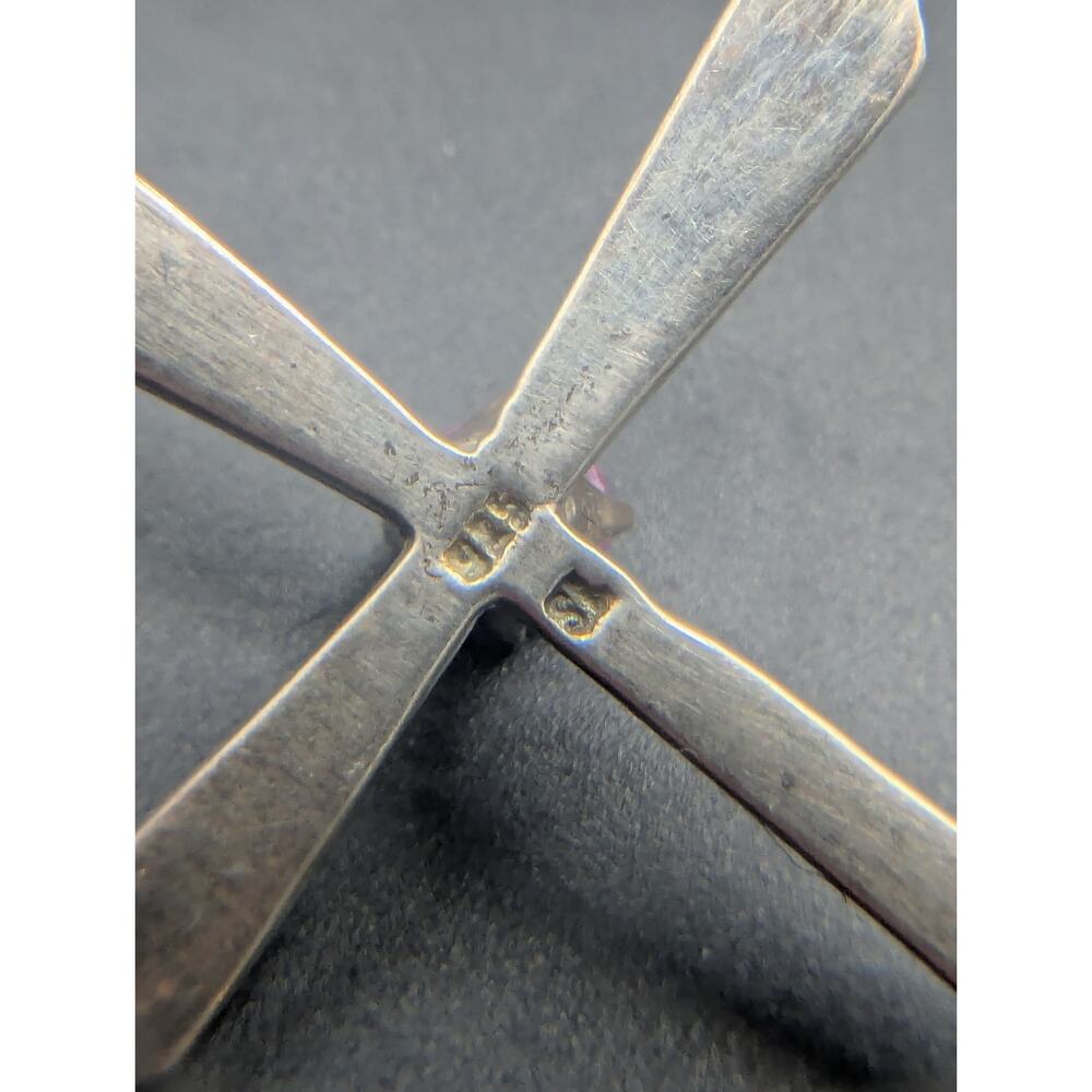 Vintage Art Deco Style 925 Pink Stone Cross Pendant Necklace Red UV Glows - Picture 9 of 12